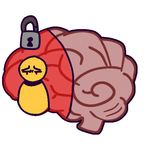 Drawing of a brain with a single yellow person at the front of the brain. They have a tired or sad expression. There is a padlock above them and a red barrier behind them separating them from the rest of the brain.